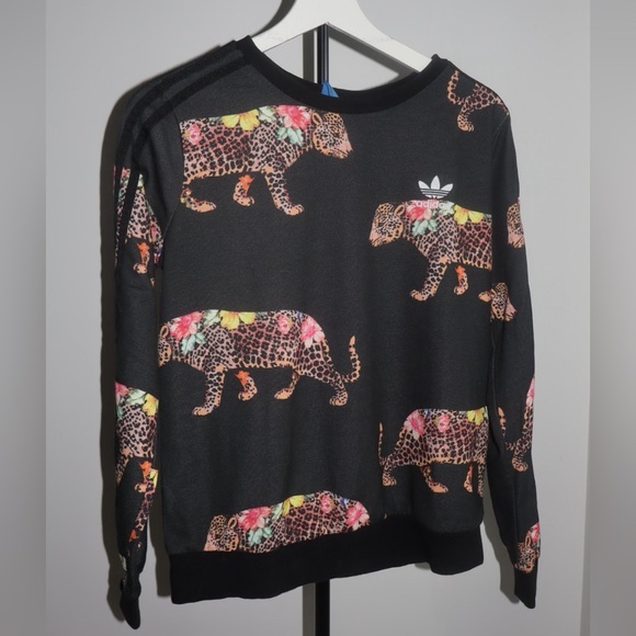 Adidas Black Animal Print Hoodie with Signature Stripes - Picture 3 of 5